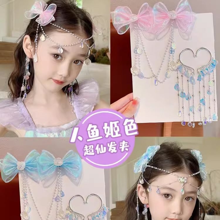 Children'S Mermaid Shell Hairpin Bowknot Girl'S Tassel Forehead Chain Princess Headwear Little Girl'S Ear Hanging Colorful - Image 2